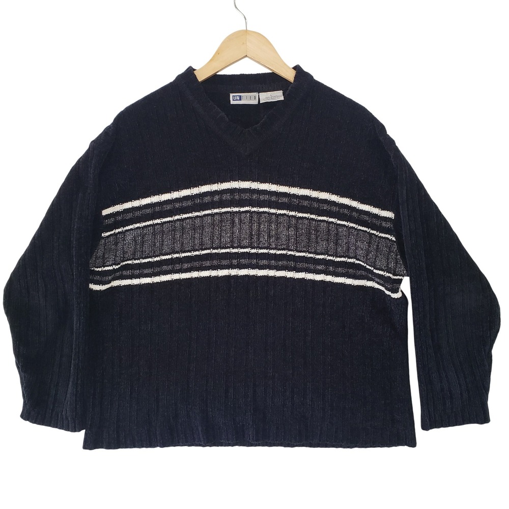 VTG UNITED Mens Navy Blue V Neck Striped Chenille Sweater Pullover‎ Size L 90s